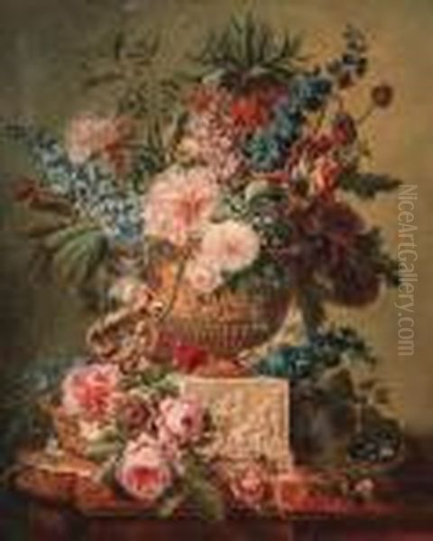 Tulips, Poppies, Roses And Other
 Flowers In A Sculpted Vase On Apedestal With Roses In A Basket And A 
Bird's Nest On A Marbleledge Oil Painting by Cornelis van Spaendonck