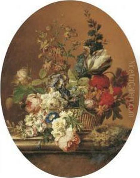 A Tulip, Primroses, 
Forget-me-not, Roses, Delphinium, Buttercup, Poppies, Morning Glory And 
Other Flowers In A Basket With A Dunnock's Nest On A Stone Ledge Oil Painting by Gerard Van Spaendonck