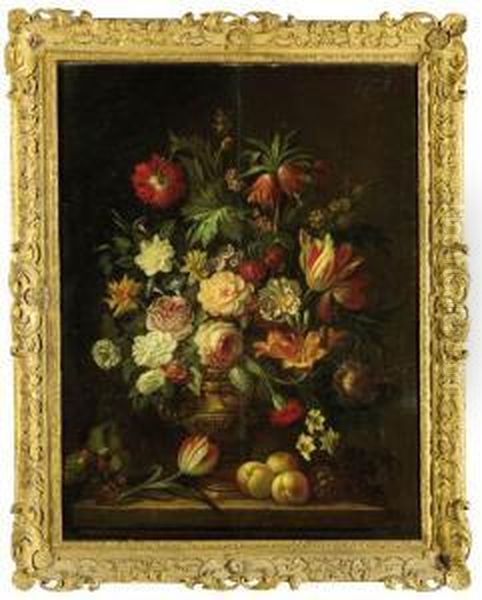 Roses, Carnations, Tulips, 
Lilies And Other Flowers In A Metal Vase With Raspberries, Grapes, 
Peraches And A Tulip On A Stone Ledge Oil Painting by Gerard Van Spaendonck