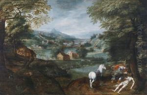 The Good Samaritan In A Widelandscape Oil Painting by Adriaan van Stalbemt