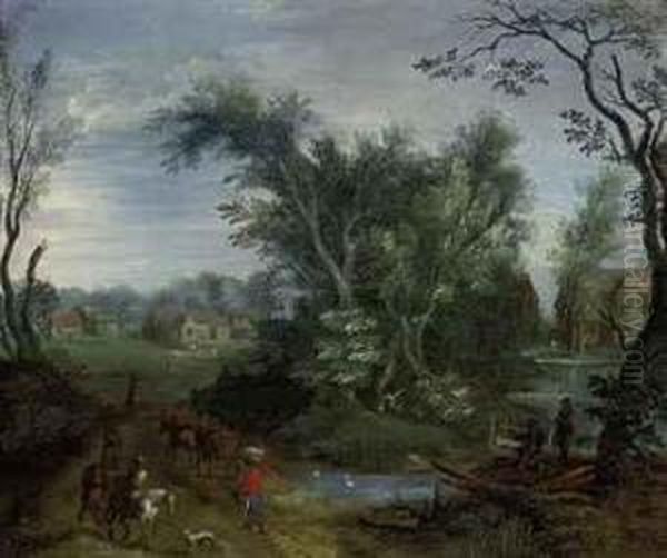 A Wooded River Landscape With Peasants On A Track Oil Painting by Adriaan van Stalbemt