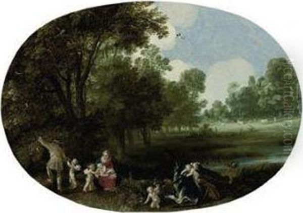 A Wooded River Landscape With The Rest On The Flight Into Egypt Oil Painting by Adriaan van Stalbemt