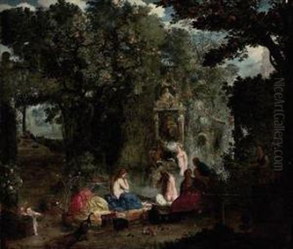 A Classical Landscape With Nymphs Bathing In A Grotto Oil Painting by Adriaan van Stalbemt