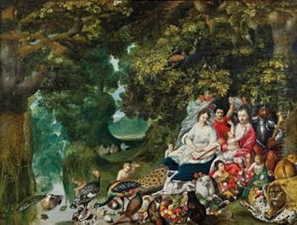 Wooded Landscape With Allegories Of The Four Elements Oil Painting by Adriaan van Stalbemt