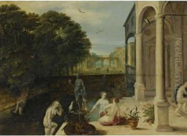 Nymphs Bathing In A Classical Garden Setting Oil Painting by Adriaan van Stalbemt