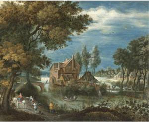 A River Landscape With A Horse And Cart, Huntsmen In A Rowing Boat Beyond Oil Painting by Adriaan van Stalbemt