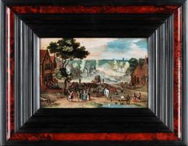 Dorflandschaft Mit Pferdekarren Und Figurenstaffage Oil Painting by Adriaan van Stalbemt