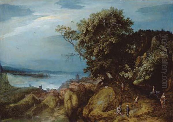 A Rocky River Landscape With Travellers Oil Painting by Adriaan van Stalbemt