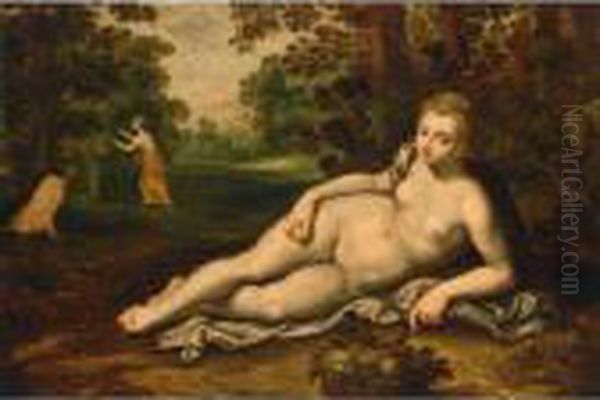 Ceres Reclining In A Forest 
Landscape With A Monkey Eating A Fig And A Fruit Basket, Figures In The 
Background Oil Painting by Adriaan van Stalbemt