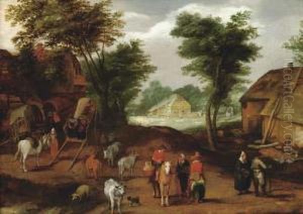 Travellers Conversing In A Village Oil Painting by Adriaan van Stalbemt