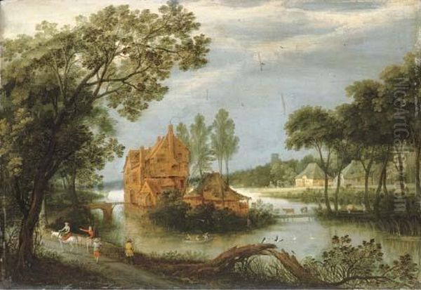 A River Landscape With Sportsmen Shooting From A Boat By A Farm And Peasants On A Path Oil Painting by Adriaan van Stalbemt