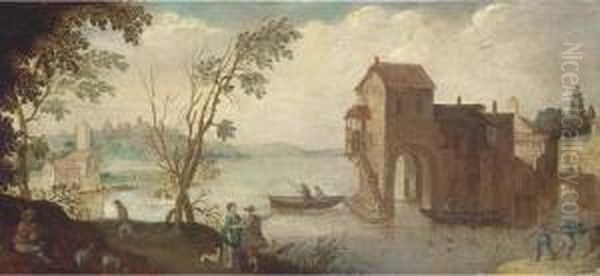 A Wooded River Landscape With A Boathouse And Fishermen Oil Painting by Adriaan van Stalbemt