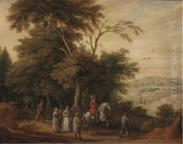 A Wooded Landscape With A Cavalryman And Other Figures On Atrack Oil Painting by Adriaan van Stalbemt