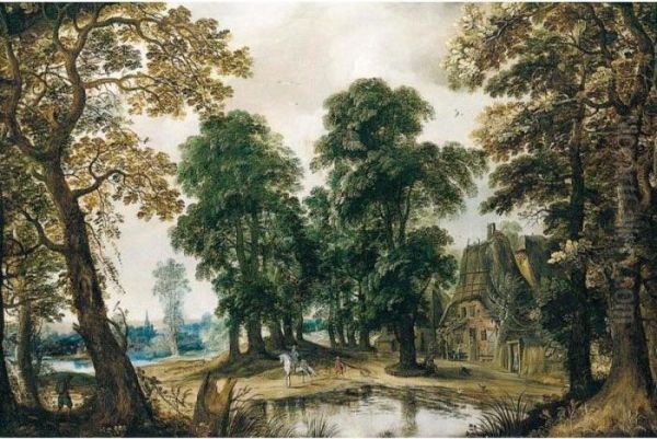 Wooded Landscape With Figures Passing Through A Village Oil Painting by Adriaan van Stalbemt