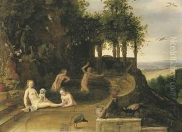 Diana And Her Nymphs Bathing Oil Painting by Adriaan van Stalbemt