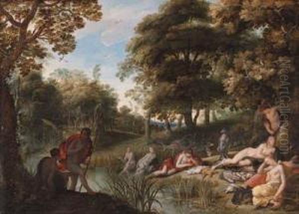 A Wooded Landscape With Diana And Her Nymphs Resting After Thechase Oil Painting by Adriaan van Stalbemt