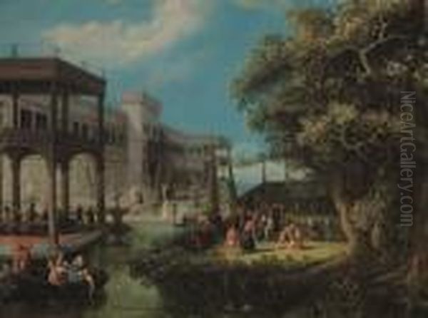 A Fte Galante In An Ornamental Garden, Beside A Palace Oil Painting by Adriaan van Stalbemt