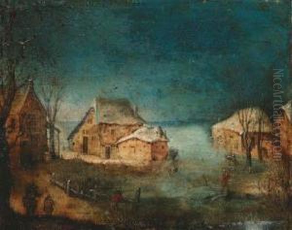 A Coastal Winter Landscape With 
Fishermen On A Path By A Village;and A Wooded Landscape With Figures By A
 Colonnaded Manorhouse Oil Painting by Adriaan van Stalbemt