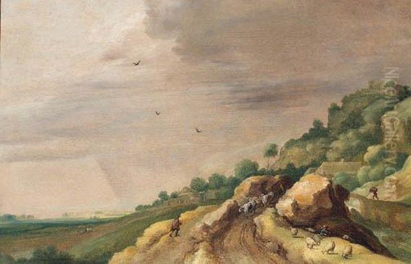 An Extensive Landscape With Drovers On A Rocky Path By Ariver Oil Painting by Adriaan van Stalbemt