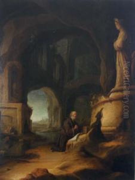 A Hermit At Prayer In A Grotto With Classical Ruins Oil Painting by An Adriansz Van Staveren