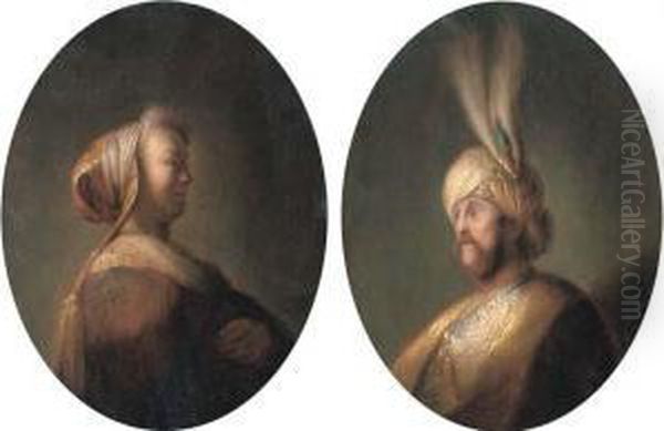 Portrait Of A Lady, Half-length,
 In Oriental Costume; And Portraitof A Gentleman, Half-length, In 
Oriental Costume Oil Painting by An Adriansz Van Staveren