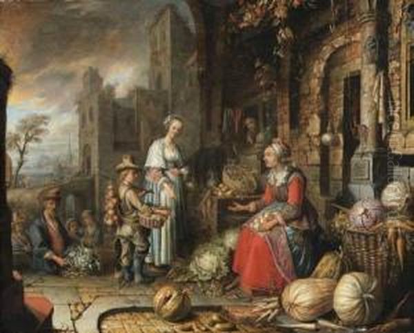 A Greengrocer's Stall By A Gothic Style Building, A Portbeyond Oil Painting by An Adriansz Van Staveren