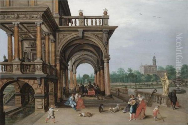 The Gardens Of A Palace, With 
Elegant Figures Strolling, Making Music And Playing Backgammon In A 
Loggia Oil Painting by Hendrick van, the Younger Steenwyck