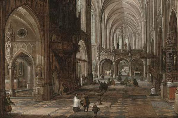 The Interior Of A Gothic Cathedral With Figures Oil Painting by Hendrick van, the Younger Steenwyck