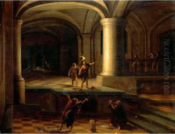 Interior Of A Church Crypt With Figures By Torchlight Oil Painting by Hendrick van, the Younger Steenwyck