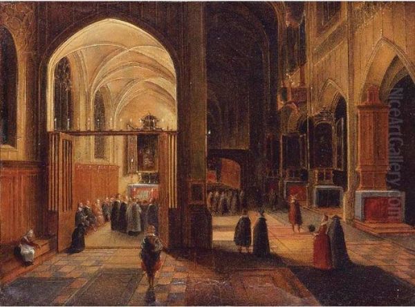 Interior Of A Gothic Cathedral With A Mass Being Celebrated In A Side Chapel Oil Painting by Hendrick van, the Younger Steenwyck