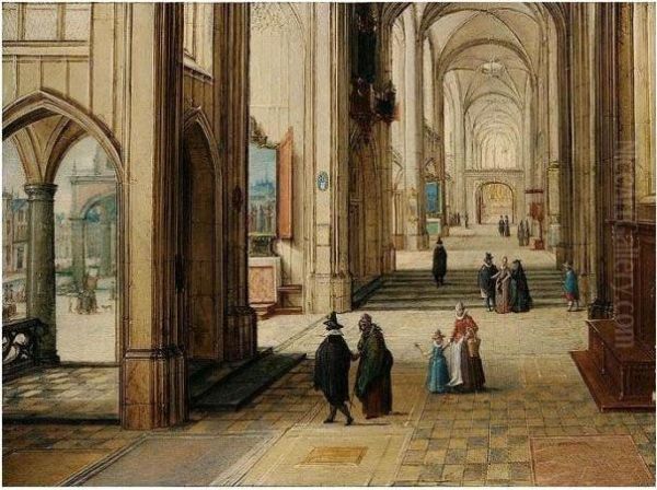 A Gothic Church Interior With An Open Loggia To The Left Oil Painting by Hendrick van, the Younger Steenwyck