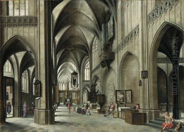 The Interior Of A Gothic Church With A Friar Preaching From Apulpit Oil Painting by Hendrick van, the Younger Steenwyck