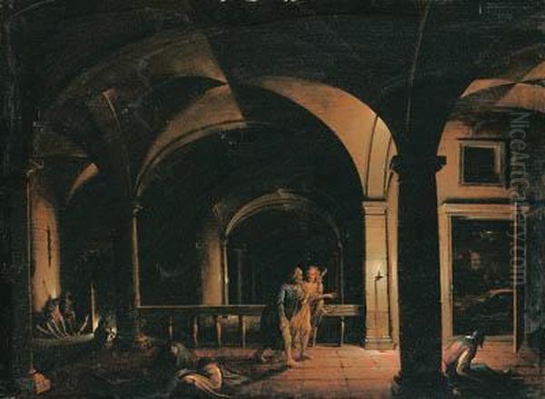 The Interior Of A Crypt With The
 Liberation Of Saint Peter, An Opendoor Leading To A Moonlit Landscape 
Beyond Oil Painting by Hendrick van, the Younger Steenwyck