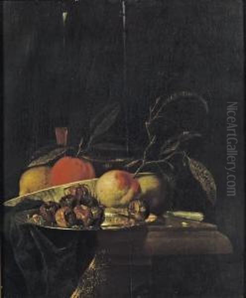 A Lemon And An Orange In A 
Porcelain Bowl, A Glass Of Wine, Dates On A Silver Plate, An Apple, A 
Peach And A Knife, All On A Partially Draped Table by Juriaen van Streeck