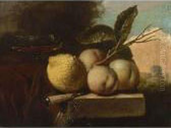 A Still Life Of A Lemon, 
Peaches, A Venetian Glass And A Knife, All On A Stone Ledge Draped With A
 Red Cloth, In A Landscape Oil Painting by Juriaen van Streeck