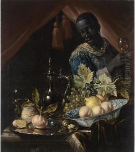 A Still Life With Peaches And A 
Lemon In A Wan-li Bowl, Oranges And Walnuts On A Silver Plate, Grapes, A
 Roemer, A Silver Can And A Knife, All On A Draped Table, Together With A
 Black Servant Oil Painting by Juriaen van Streeck