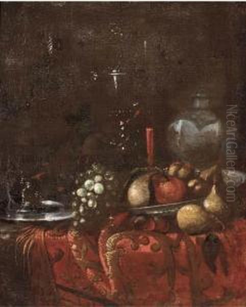 Grapes, Pears, Roemers, An 
Earthenware Jug, A Pewter Dish And Otherfruit On A Draped Table Oil Painting by Juriaen van Streeck