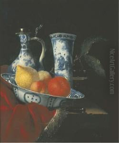 A Blue And White Wan-li Klapmuts
 Bowl With Peaches, A Lemon And Anorange, A Silver-mounted Transitional 
Ewer, A Beaker, A Glass Tazzaand A Knife On A Partly-draped Stone Ledge Oil Painting by Juriaen van Streeck