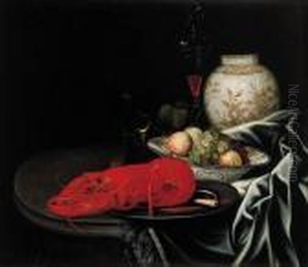 A Lobster And A Knife On A 
Pewter Plate, Grapes And Peaches In Awan-li Bowl, A Roemer, A 
Faon-de-venise Wineglass And A Porcelainjar On A Draped Stone Ledge Oil Painting by Juriaen van Streeck