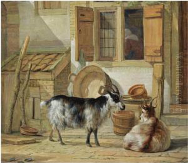 A Courtyard With Two Goats Oil Painting by Abraham van, I Strij