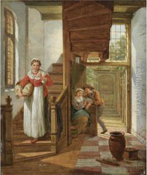 An Interior Scene With A Maid 
Eavesdropping On The Stairs On Anamorous Couple, A View Of A Courtyard 
Beyond Oil Painting by Abraham van, I Strij