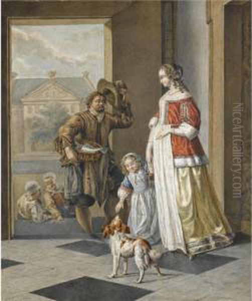 A Fish-monger Greeting An Elegant Lady And Her Child In The Entrance Hall Of A House Oil Painting by Abraham van, I Strij