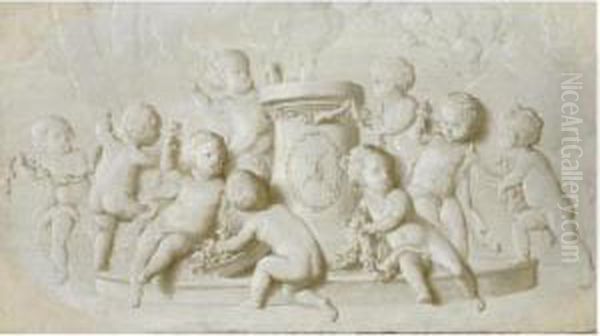 An Allegory Of Love: Putti Decorating An Altar To Love Oil Painting by Abraham van, I Strij