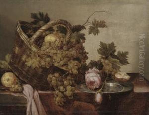 A Basket Of Grapes And Apples, With Roses And A Pewter Platter On A Table Oil Painting by Abraham van, I Strij