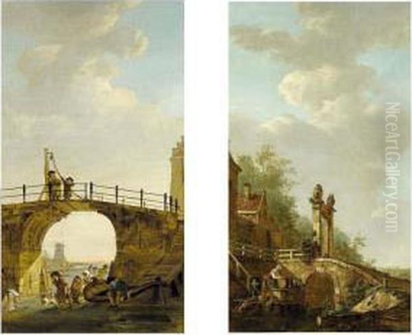 A Summer Landscape With A Woman 
Scouring Pots, Together With A Child And A Dog Near A Stone Bridge Over A
 Canal Oil Painting by Abraham van, I Strij