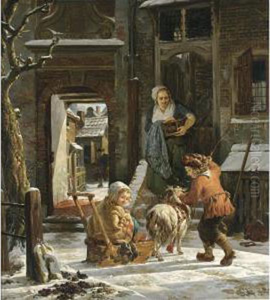 A Winter Scene With A Girl On A 
Sledge Drawn By A Goat And Driven By A Boy, Before A House With A Lady 
In The Door Holding A Foot-warmer Oil Painting by Abraham van, I Strij