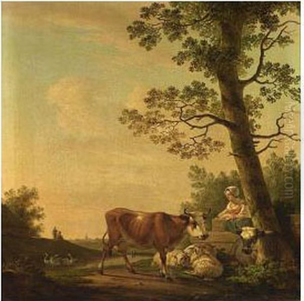 A Peasant Woman With Her Cattle Oil Painting by Abraham van, I Strij