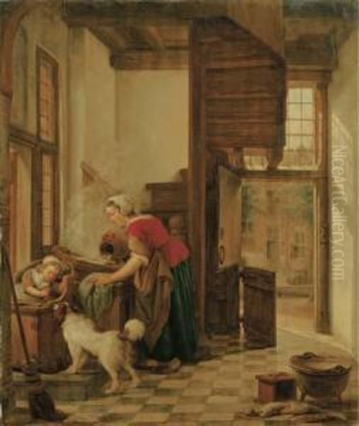 An Interior With A Child Seated 
In A High Chair Teasing A Dog, A Servant Washing By The Window Behind 
Her Oil Painting by Abraham van, I Strij