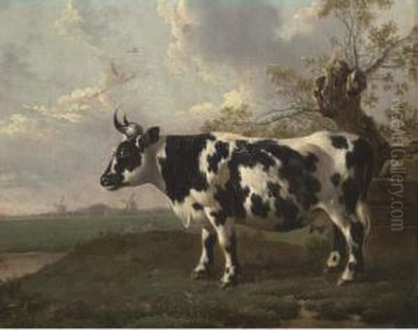 A Pastoral Landscape With A Cow By A Pollard Willow, Windmillsbeyond Oil Painting by Abraham van, I Strij