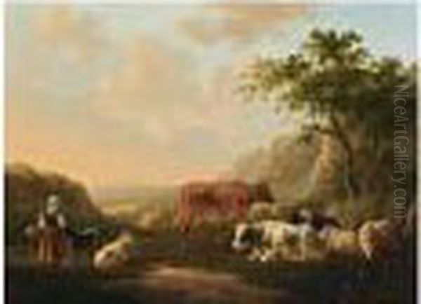 Peasantwoman With Cattle In A Landscape Oil Painting by Abraham van, I Strij